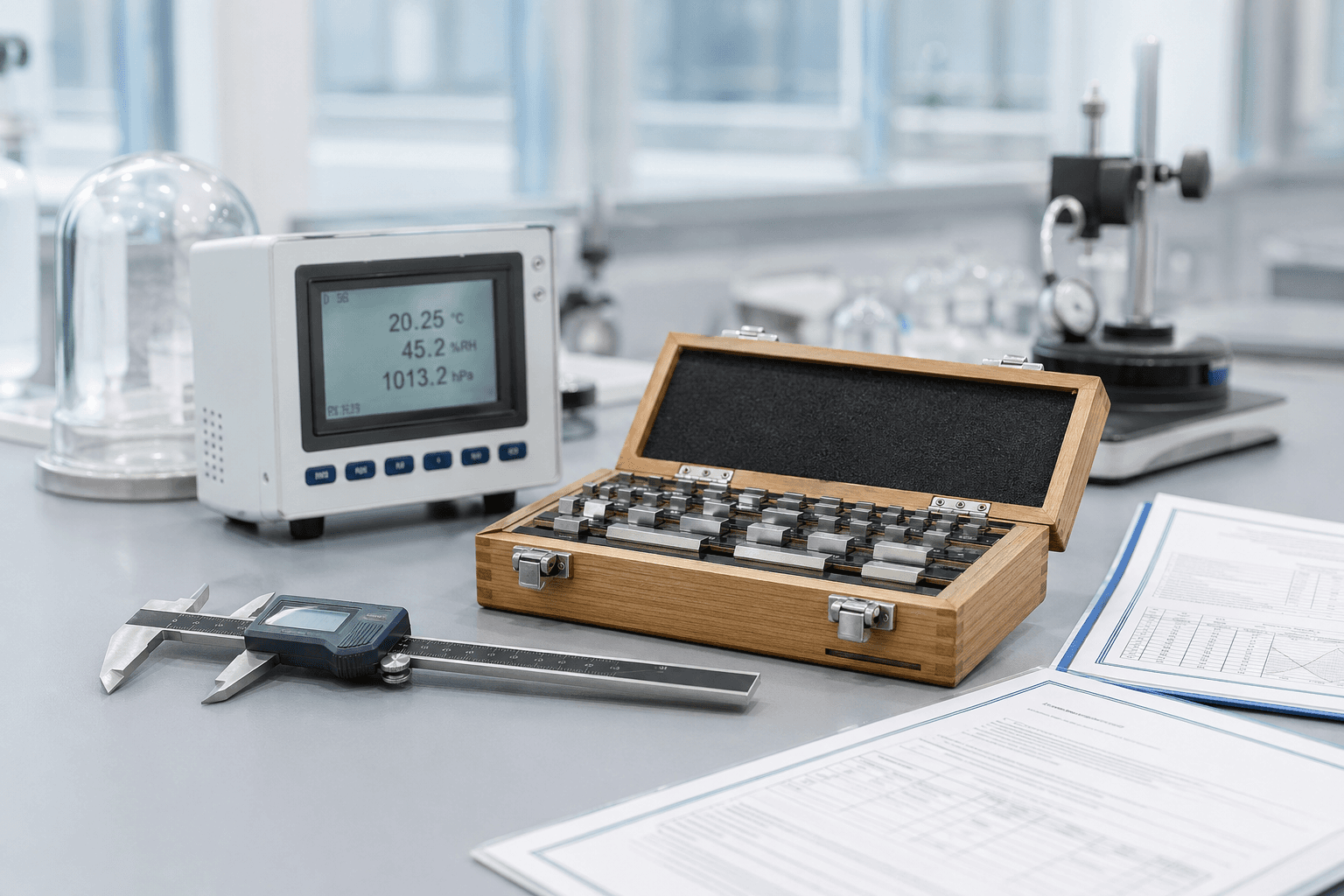 Precision calibration instruments on a professional laboratory workbench