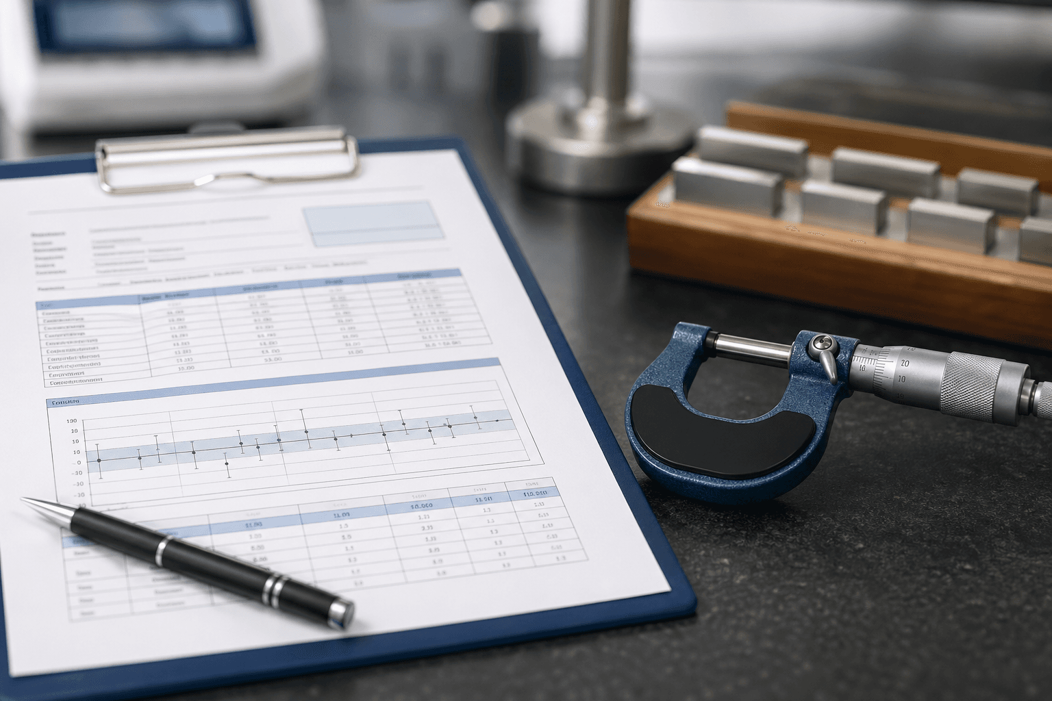 Calibration documentation and precision measurement tools representing ISO 17025 quality